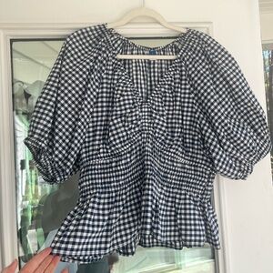 Old Navy Navy Gingham Puff Sleeve Smocked Top Size L